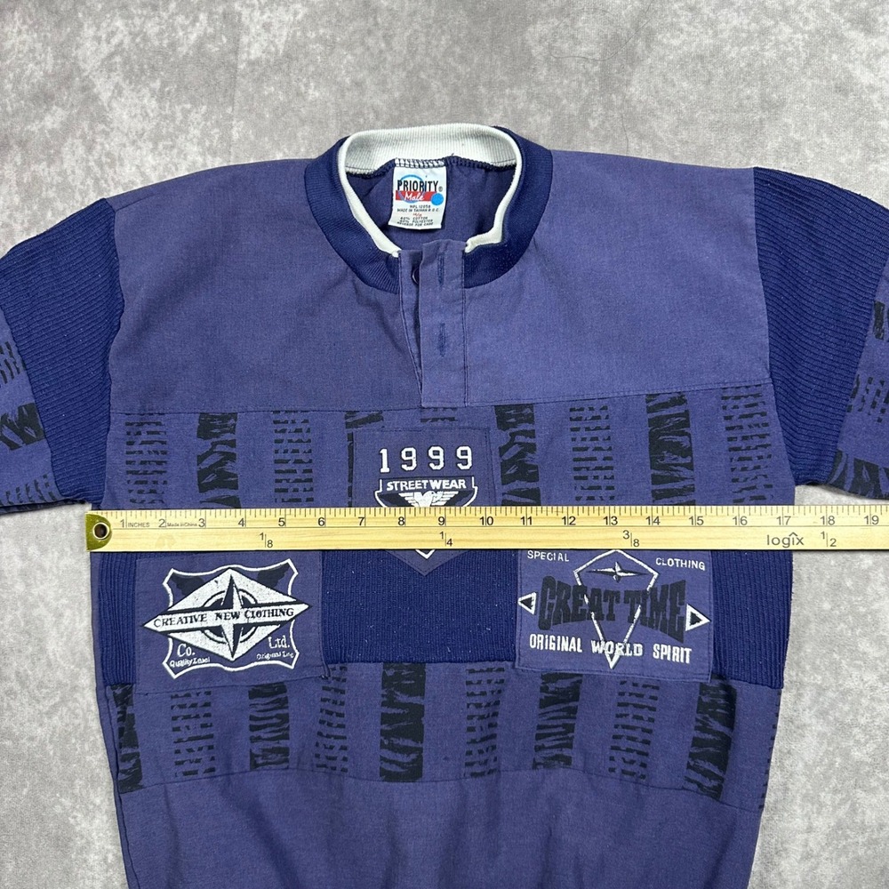 Vintage 90s Priority Male Streetwear Henley Shirt Blue Graphic Patch Boys 14/16 - Picture 5 of 6